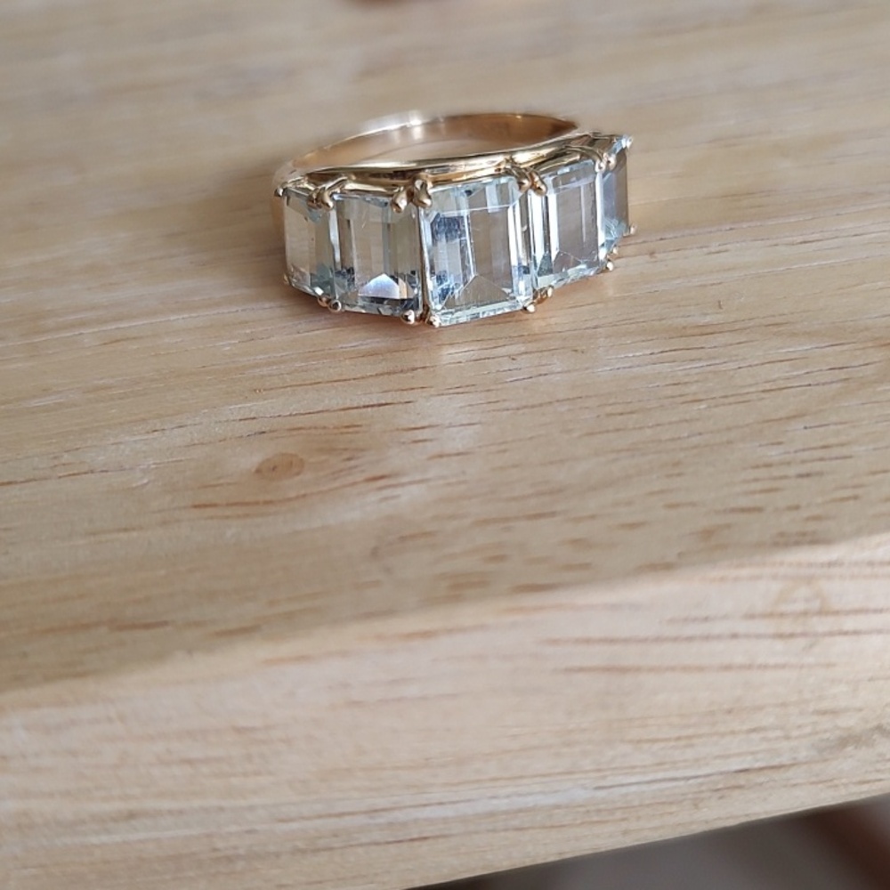 Elegant 14k Gold Ring with Aquamarine Emerald-Cut Stones - Women Jewelry - Picture 4 of 5